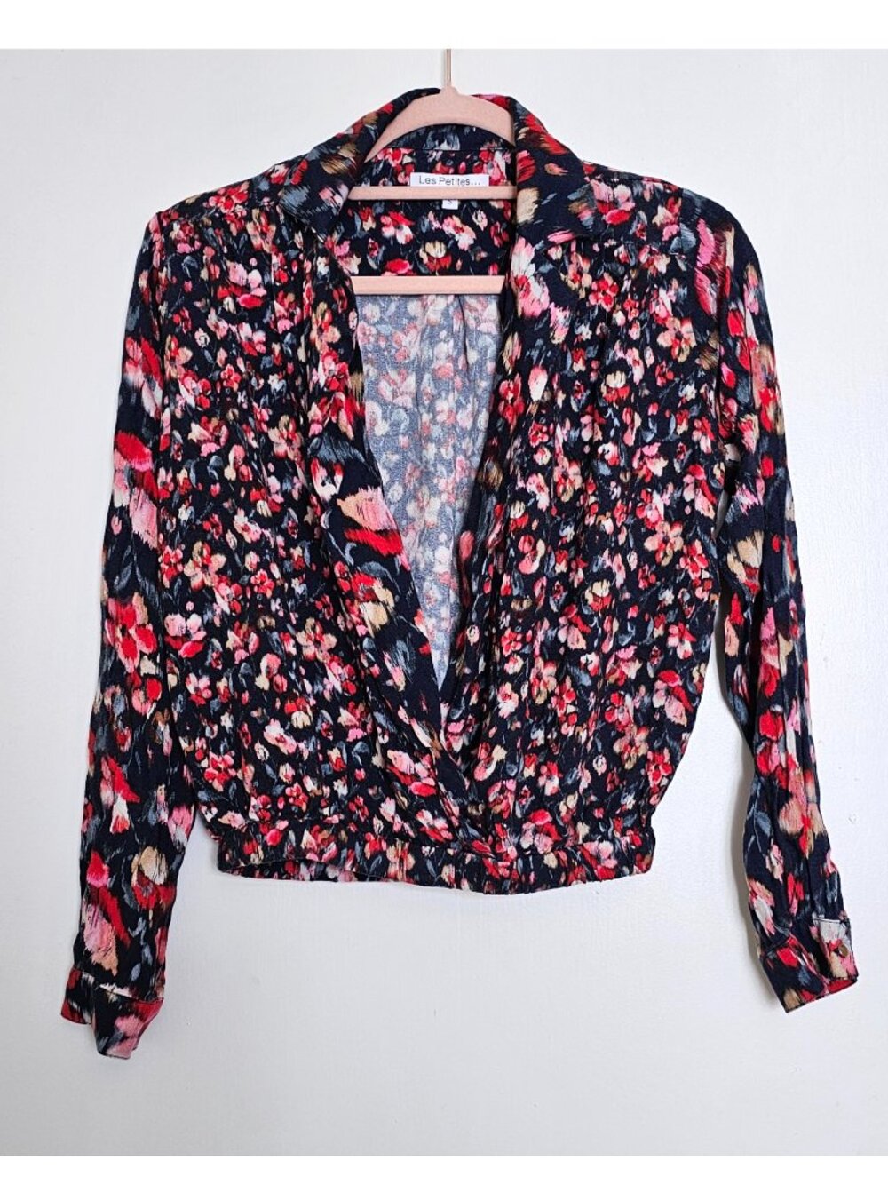 Les Petites Paris Floral Long Sleeve Cropped Plunge V Blouse Top S, Haut Patch